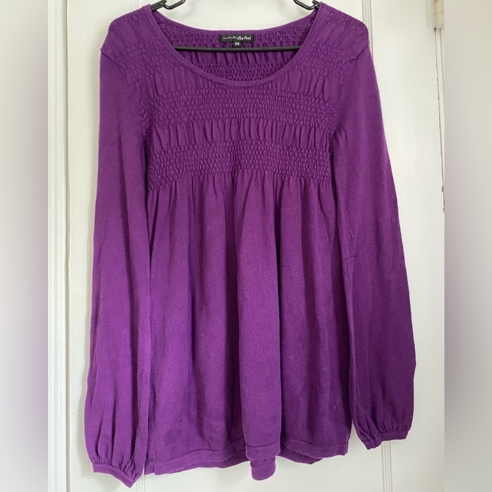 Pierri NY Purple Pullover Long Sleeves Round Neck Smocked Peplum Top, size: XS